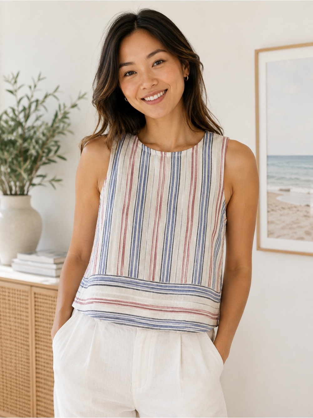 Ana Women’s XS Linen Sleeveless Blouse Striped Neutrals Classic Preppy Casual